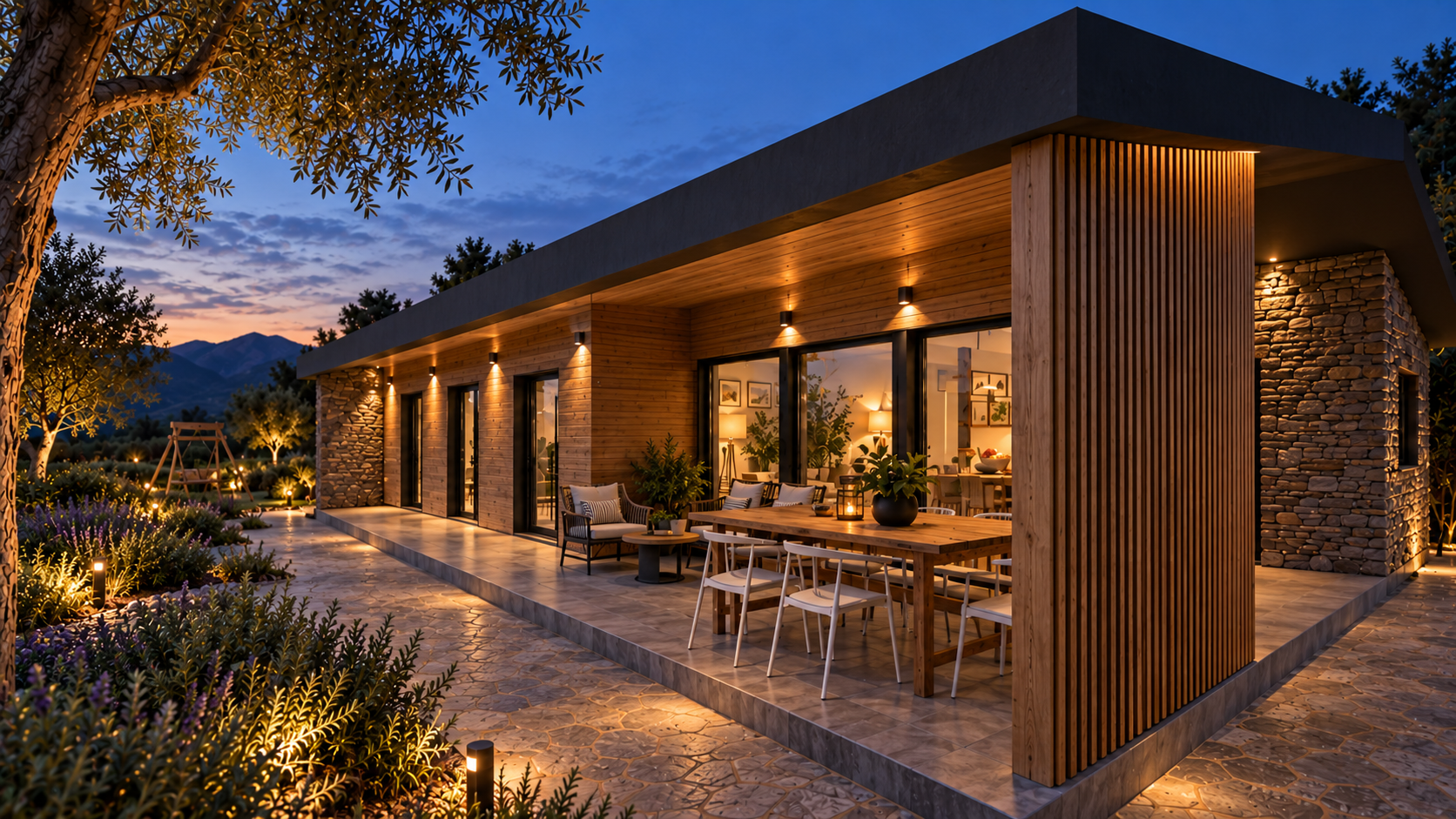Terraza cubierta de una vivienda Next House al atardecer