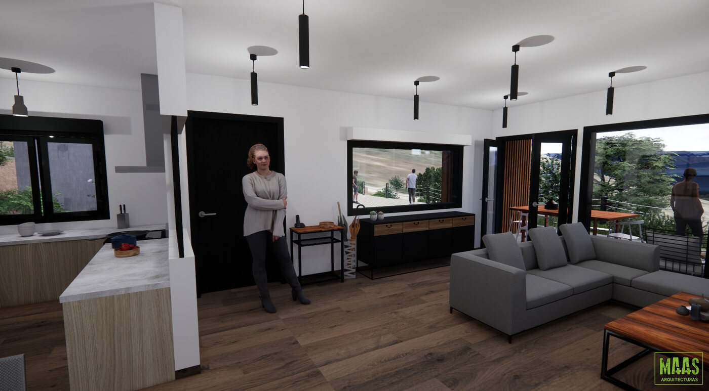 Zona de estar interior abierta al jardín