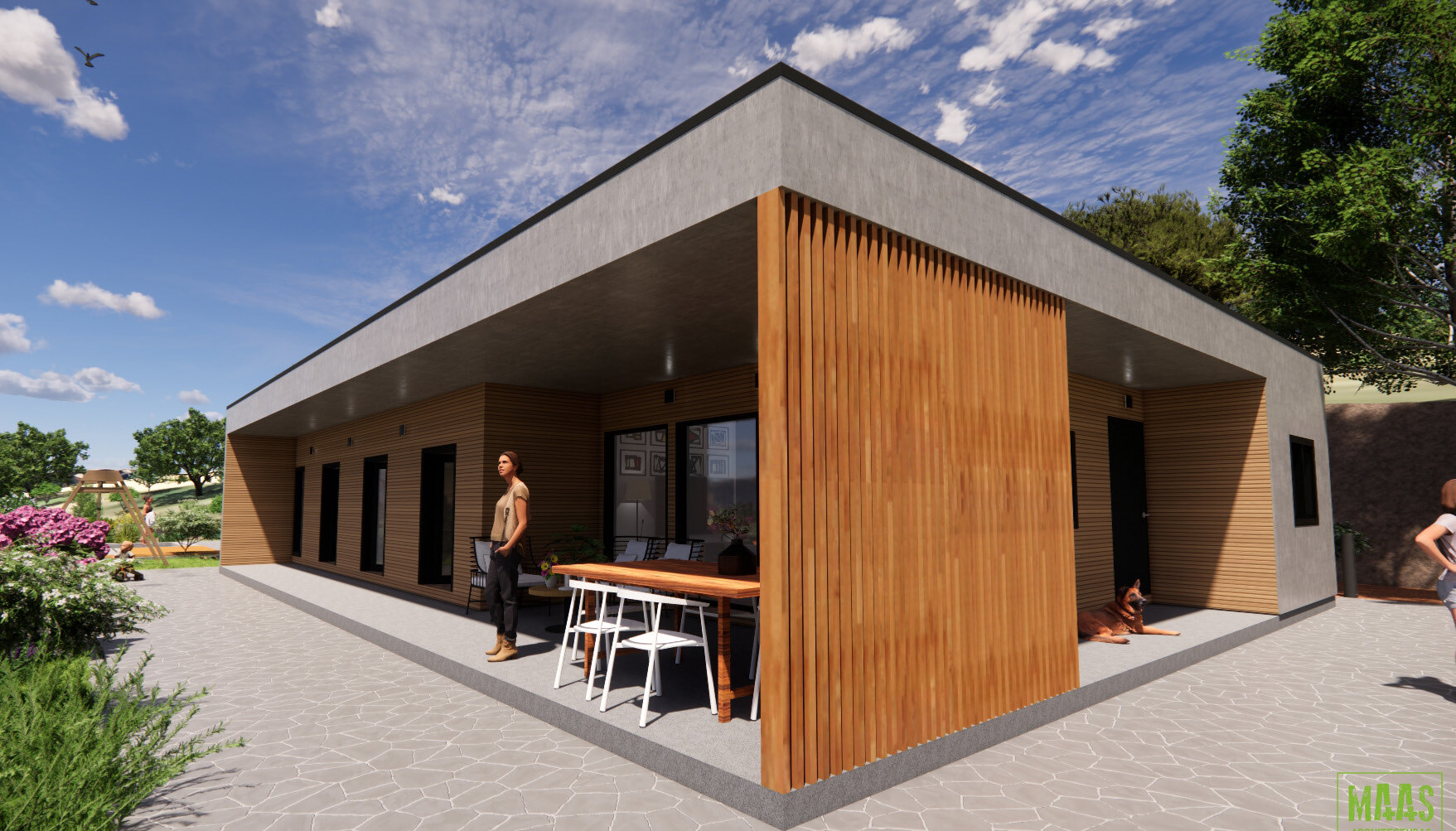 Vivienda de madera con cubierta plana desarrollada por MAAS Arquitecturas